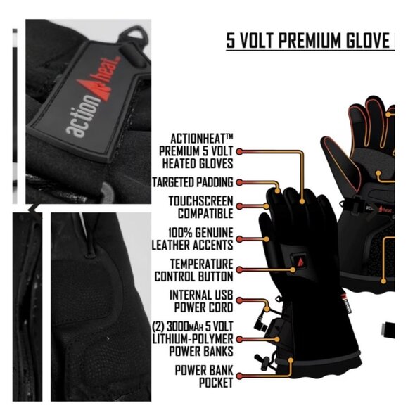 Action Heat 5 Volt Rechargeable Size Medium Men’s Premium Heated Gloves NWB $199 - Picture 11 of 14